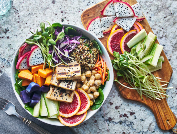 grilled tofu and dragon fruit buddha bowl top view
